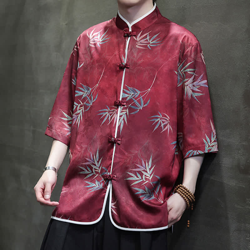 Buddha Stones Chemises homme printemps-été vintage style Tang, col mandarin, imprimé bambou, manches 3/4 - image 6