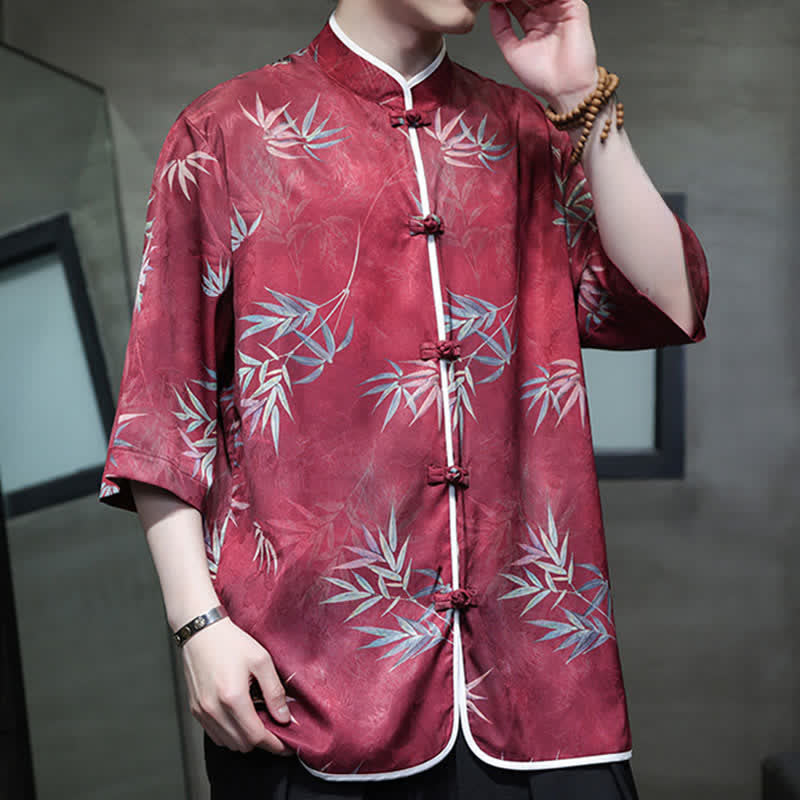 Buddha Stones Chemises homme printemps-été vintage style Tang, col mandarin, imprimé bambou, manches 3/4 - image 3