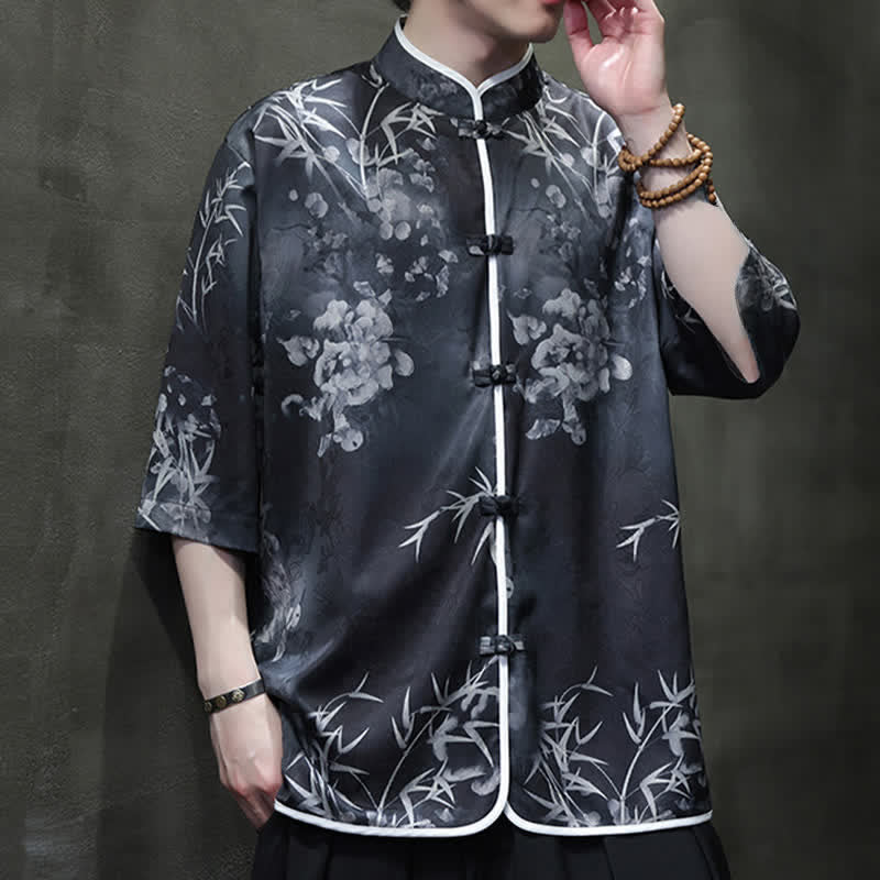 Buddha Stones Chemises homme printemps-été vintage style Tang, col mandarin, imprimé bambou, manches 3/4 - image 12