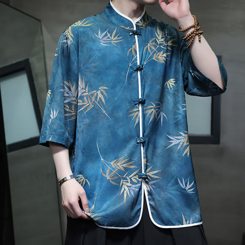 Buddha Stones Chemises homme printemps-été vintage style Tang, col mandarin, imprimé bambou, manches 3/4 - image 24