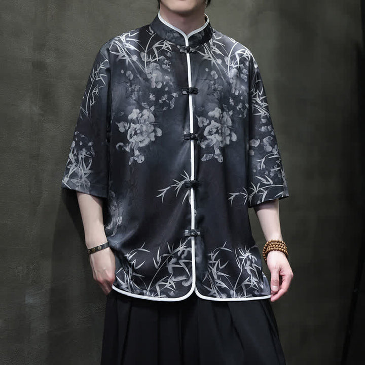 Buddha Stones Chemises homme printemps-été vintage style Tang, col mandarin, imprimé bambou, manches 3/4 - Noir - US/UK/AU46，EU56 (5XL) - image 10