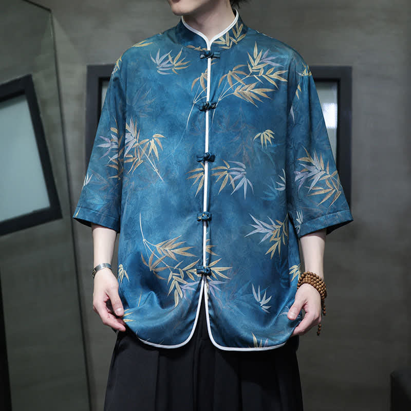 Buddha Stones Chemises homme printemps-été vintage style Tang, col mandarin, imprimé bambou, manches 3/4 - Bleu ciel - US/UK/AU46，EU56 (5XL) - image 18