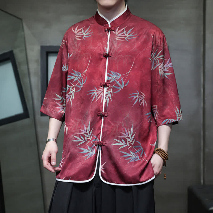 Buddha Stones Chemises homme printemps-été vintage style Tang, col mandarin, imprimé bambou, manches 3/4 - FireBrick - US/UK/AU46，EU56 (5XL) - image 0