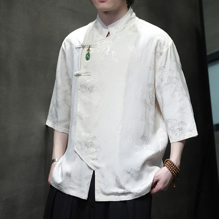 Buddha Stones Chemises pour hommes à manches 3/4 et col mandarin élégant style printemps Tang - Blanc - US/UK/AU46，EU56 (5XL) - image 0