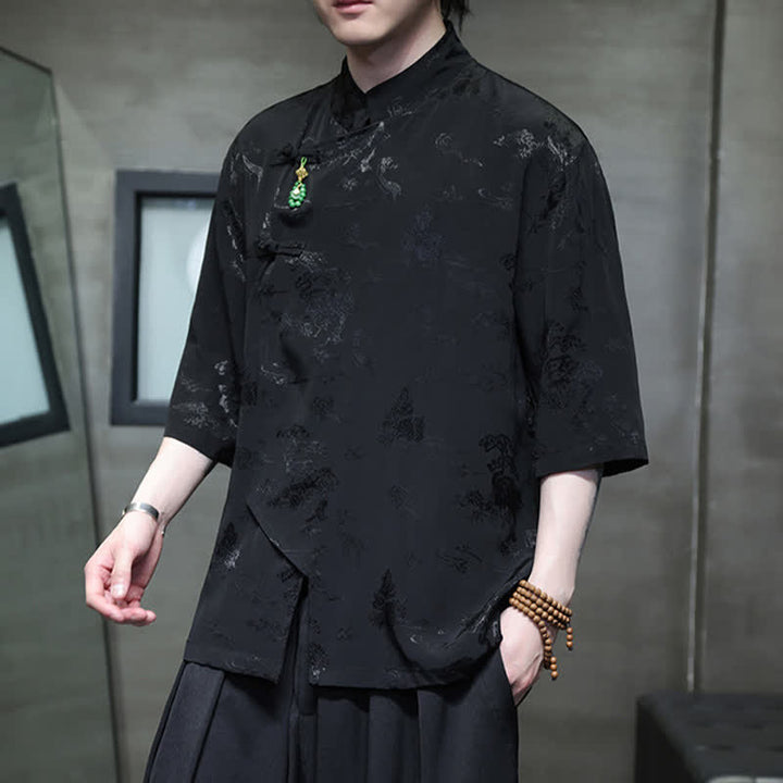 Buddha Stones Chemises pour hommes à manches 3/4 et col mandarin élégant style printemps Tang - image 11