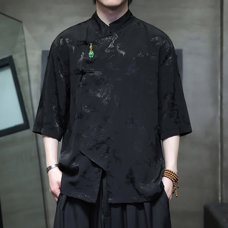 Buddha Stones Chemises pour hommes à manches 3/4 et col mandarin élégant style printemps Tang - Noir - US/UK/AU46，EU56 (5XL) - image 9