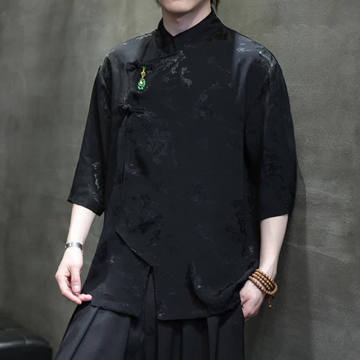 Buddha Stones Chemises pour hommes à manches 3/4 et col mandarin élégant style printemps Tang - image 14