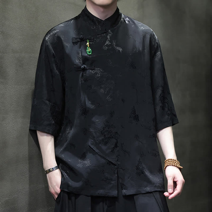 Buddha Stones Chemises pour hommes à manches 3/4 et col mandarin élégant style printemps Tang - image 10
