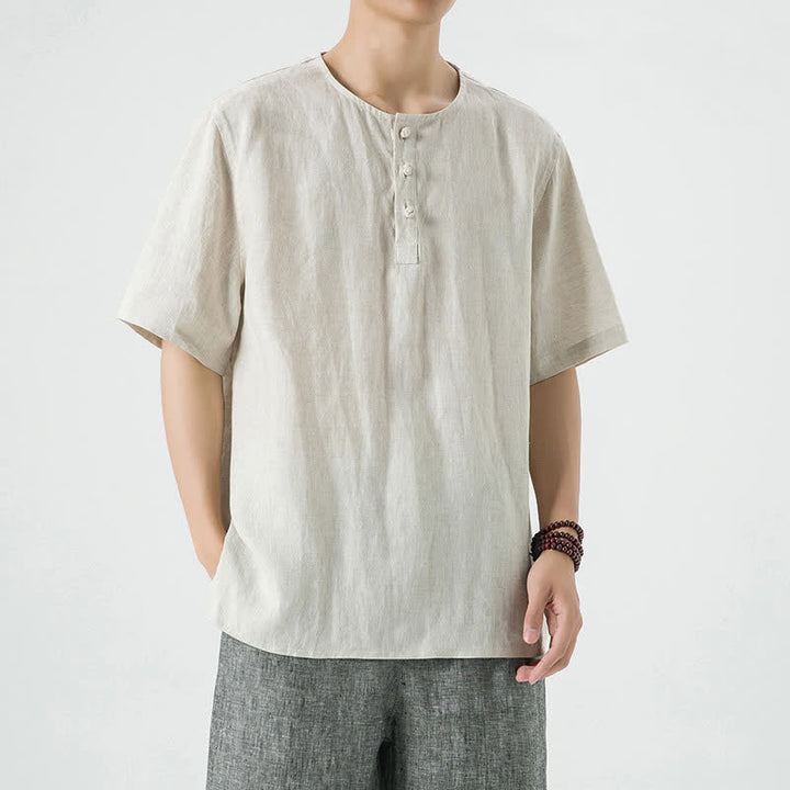 Buddha Stones Chemises d'été minimalistes décontractées à manches courtes en lin uni, col rond et fente latérale, pour hommes - Lin - US/UK/AU46，EU56 (5XL) - image 0