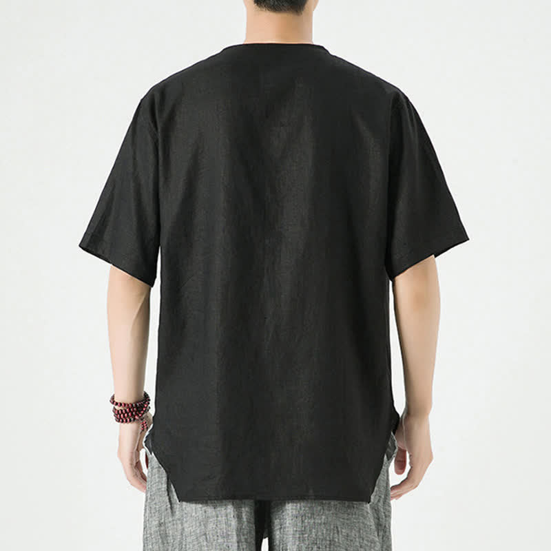 Buddha Stones Chemises d'été minimalistes décontractées à manches courtes en lin uni, col rond et fente latérale, pour hommes - image 15
