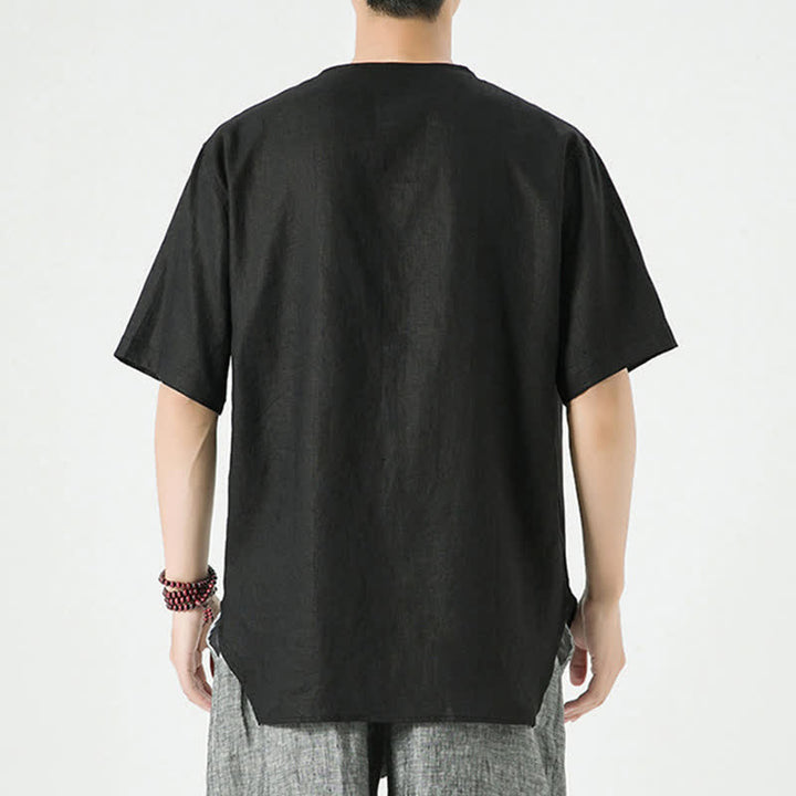 Buddha Stones Chemises d'été minimalistes décontractées à manches courtes en lin uni, col rond et fente latérale, pour hommes - image 15