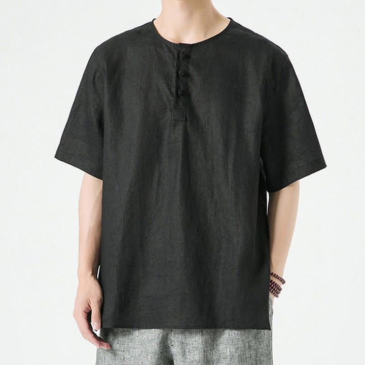 Buddha Stones Chemises d'été minimalistes décontractées à manches courtes en lin uni, col rond et fente latérale, pour hommes - Noir - US/UK/AU46，EU56 (5XL) - image 11