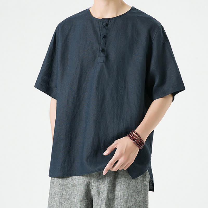 Buddha Stones Chemises d'été minimalistes décontractées à manches courtes en lin uni, col rond et fente latérale, pour hommes - image 19