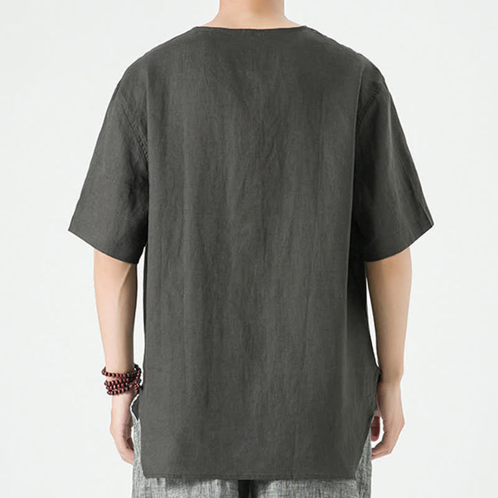 Buddha Stones Chemises d'été minimalistes décontractées à manches courtes en lin uni, col rond et fente latérale, pour hommes - image 28