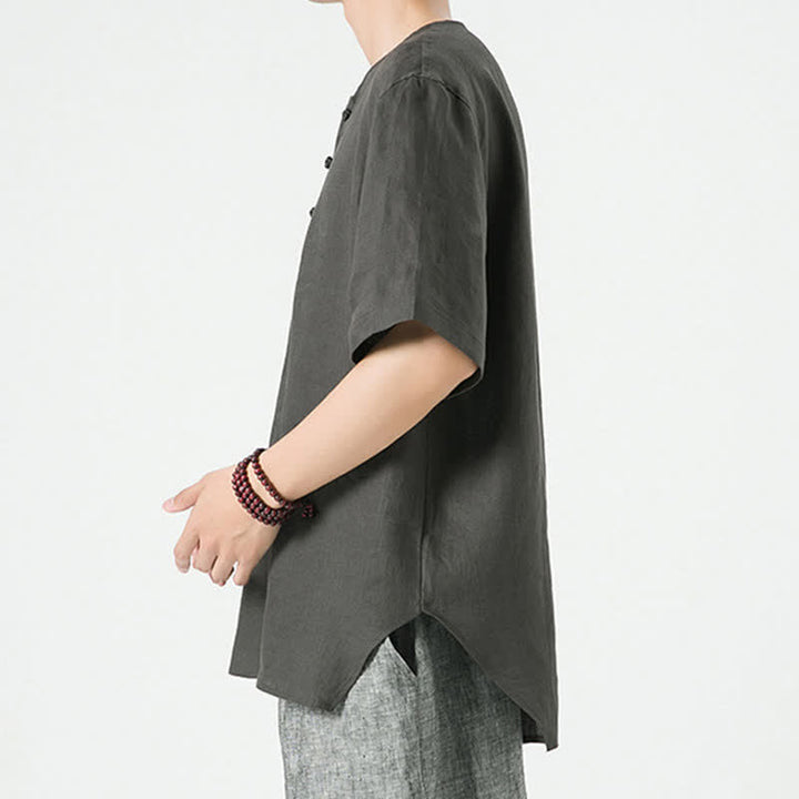 Buddha Stones Chemises d'été minimalistes décontractées à manches courtes en lin uni, col rond et fente latérale, pour hommes - image 27