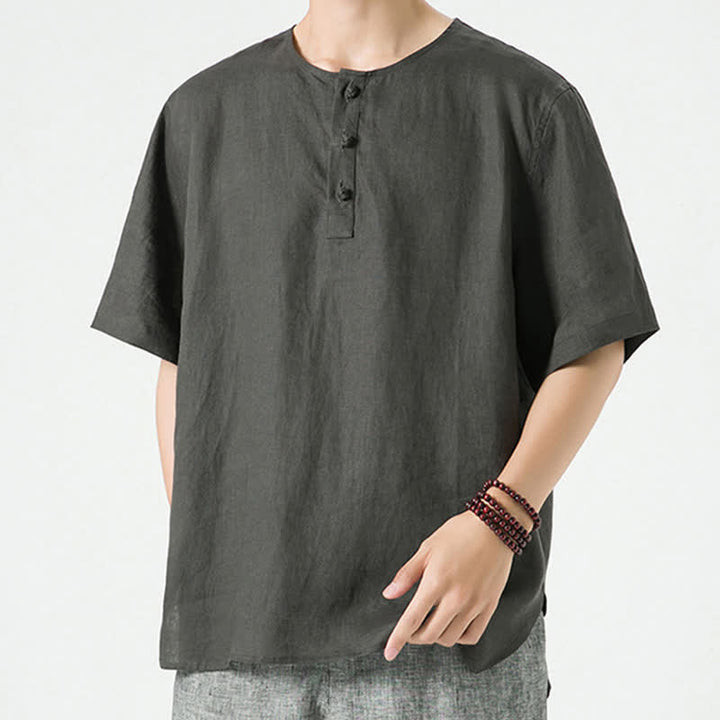 Buddha Stones Chemises d'été minimalistes décontractées à manches courtes en lin uni, col rond et fente latérale, pour hommes - image 29