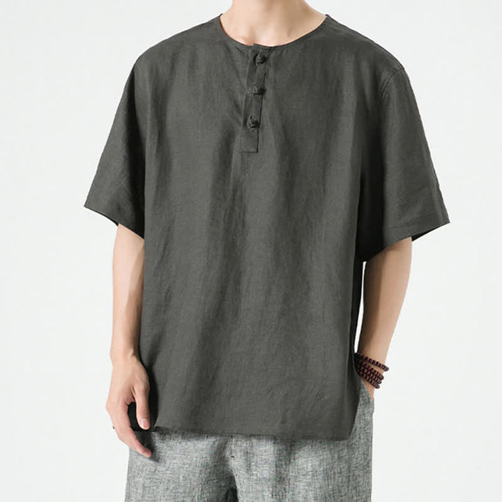 Buddha Stones Chemises d'été minimalistes décontractées à manches courtes en lin uni, col rond et fente latérale, pour hommes - Gris sombre - US/UK/AU46，EU56 (5XL) - image 24