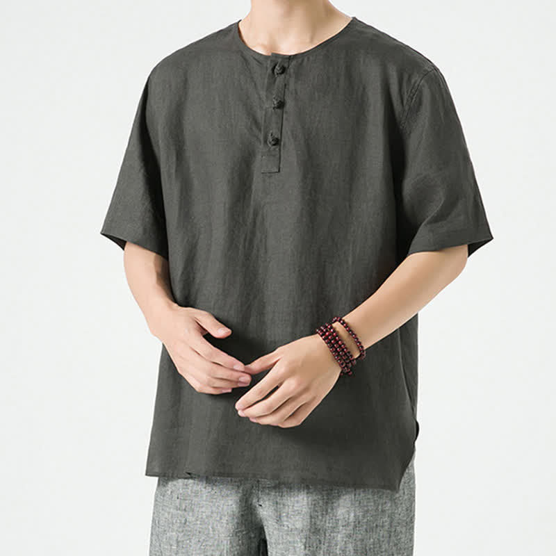 Buddha Stones Chemises d'été minimalistes décontractées à manches courtes en lin uni, col rond et fente latérale, pour hommes - image 26
