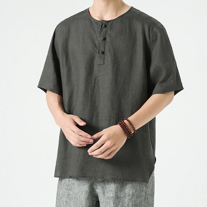 Buddha Stones Chemises d'été minimalistes décontractées à manches courtes en lin uni, col rond et fente latérale, pour hommes - image 26