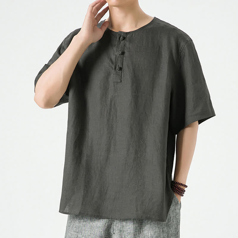 Buddha Stones Chemises d'été minimalistes décontractées à manches courtes en lin uni, col rond et fente latérale, pour hommes - image 31