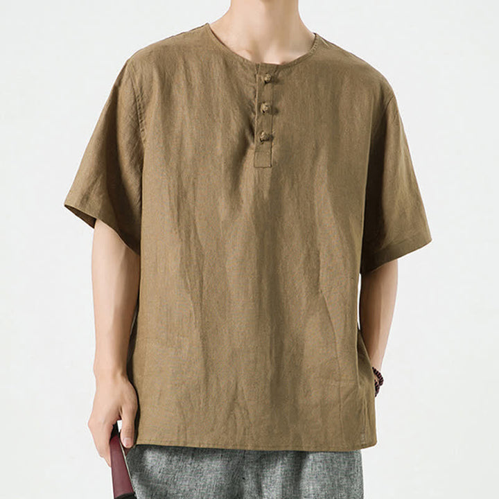 Buddha Stones Chemises d'été minimalistes décontractées à manches courtes en lin uni, col rond et fente latérale, pour hommes - image 37