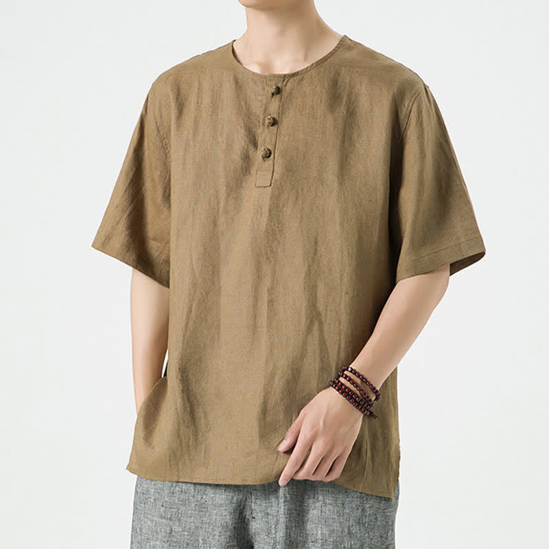 Buddha Stones Chemises d'été minimalistes décontractées à manches courtes en lin uni, col rond et fente latérale, pour hommes - image 38