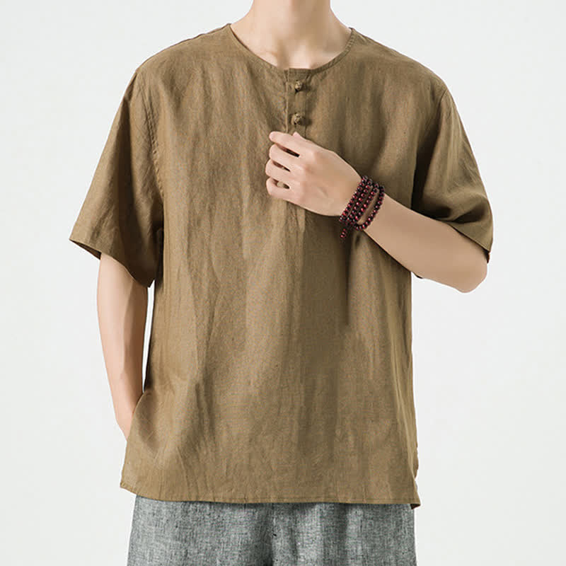 Buddha Stones Chemises d'été minimalistes décontractées à manches courtes en lin uni, col rond et fente latérale, pour hommes - image 33