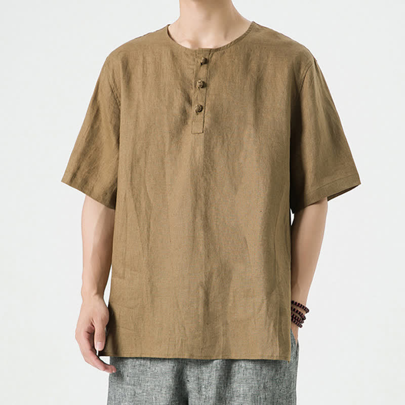 Buddha Stones Chemises d'été minimalistes décontractées à manches courtes en lin uni, col rond et fente latérale, pour hommes - Pérou - US/UK/AU46，EU56 (5XL) - image 32