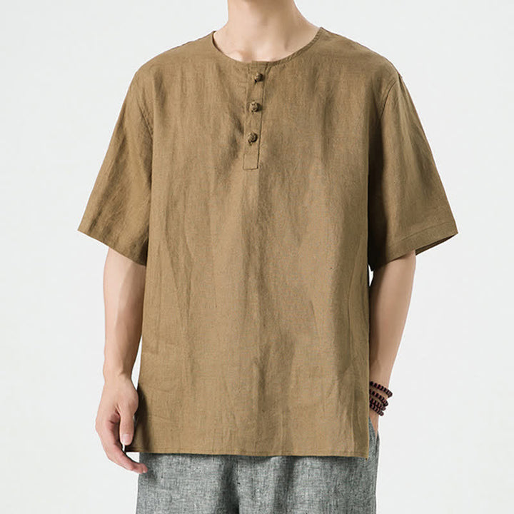 Buddha Stones Chemises d'été minimalistes décontractées à manches courtes en lin uni, col rond et fente latérale, pour hommes - Pérou - US/UK/AU46，EU56 (5XL) - image 32