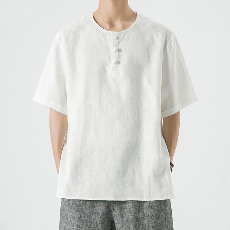 Buddha Stones Chemises d'été minimalistes décontractées à manches courtes en lin uni, col rond et fente latérale, pour hommes - Blanc - US/UK/AU46，EU56 (5XL) - image 41