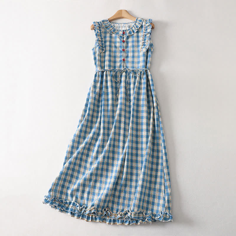 Buddha Stones Robe d'été sans manches à carreaux vichy pour femme, boutonnée et à cordon de serrage, avec poches - Bleu ciel clair - US12，UK/AU16，EU44 (2XL) - image 0