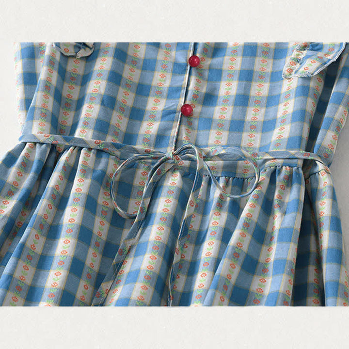 Buddha Stones Robe d'été sans manches à carreaux vichy pour femme, boutonnée et à cordon de serrage, avec poches - image 8