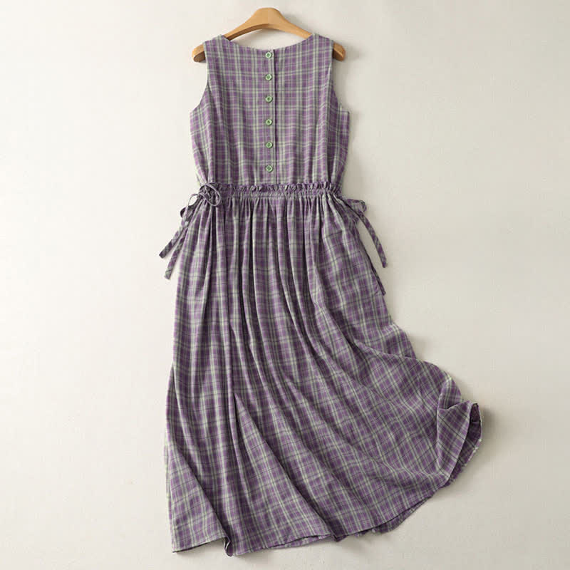Buddha Stones Robe d'été vintage sans manches à carreaux en coton, taille boutonnée avec cordon de serrage et poches, pour femme - image 1