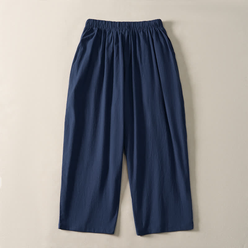 Buddha Stones Pantalon sarouel d'été décontracté à cordon de serrage, uni, court, avec poches - image 1
