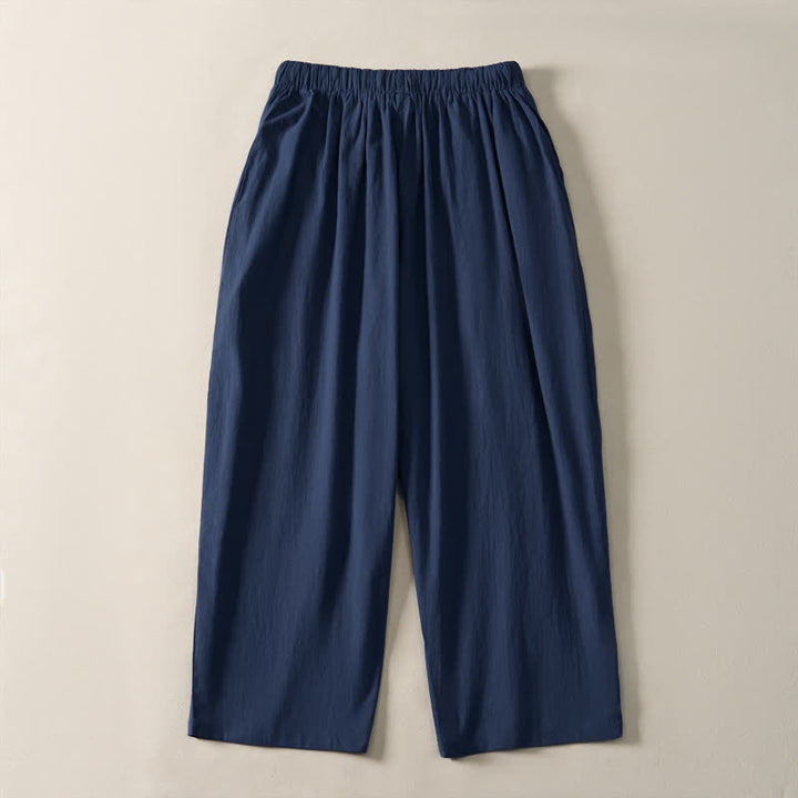 Buddha Stones Pantalon sarouel d'été décontracté à cordon de serrage, uni, court, avec poches - image 1