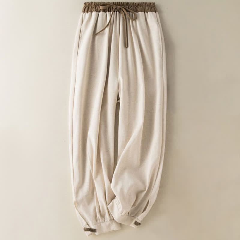 Pantalon sarouel en coton uni avec cordon de serrage et poches pour femme Buddha Stones - Beige - US16，UK/AU20，EU48 (3XL) - image 0