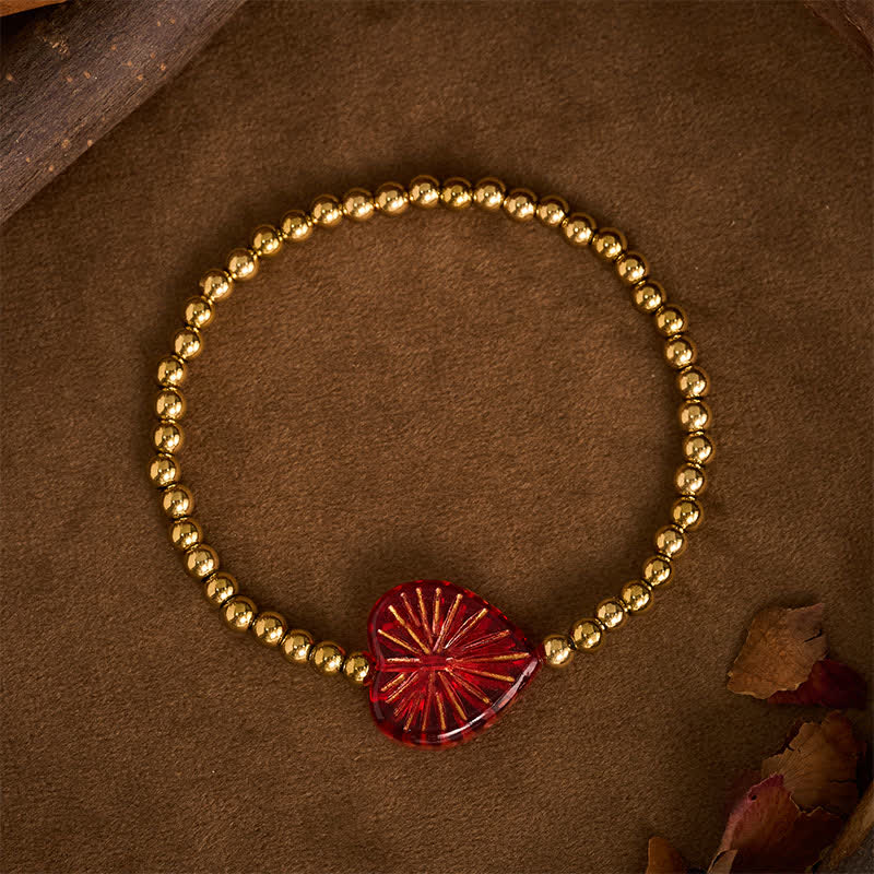 Buddha Stones Bracelet de force en acier titane Liuli en forme de cœur avec perles - Rouge - image 0