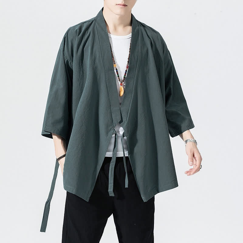 Buddha Stones Kimono d'été minimaliste décontracté pour homme, à cordon de serrage, manches trois-quarts, couleur unie. - image 1