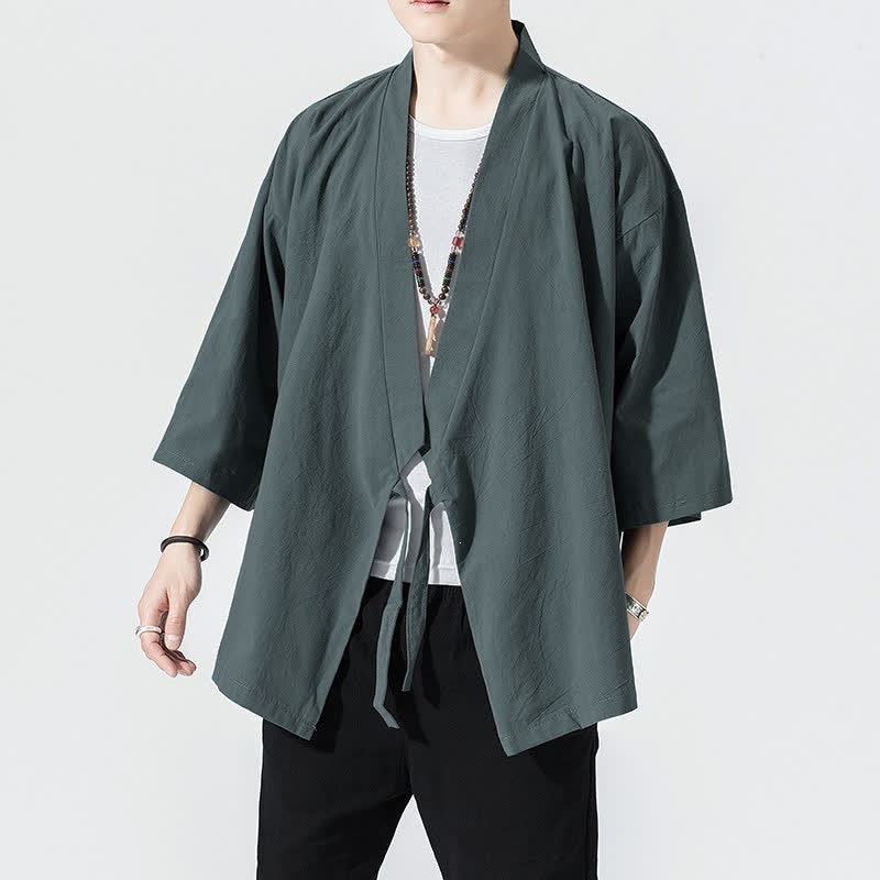 Buddha Stones Kimono d'été minimaliste décontracté pour homme, à cordon de serrage, manches trois-quarts, couleur unie. - CadetBlue - US/UK/AU46, EU56 (5XL) - image 0