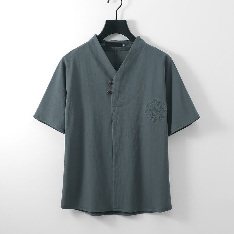 Buddha Stones Ensemble 2 pièces style Tang décontracté, broderie, en coton et lin uni, manches courtes, short, vêtement de méditation pour homme avec poche - image 1