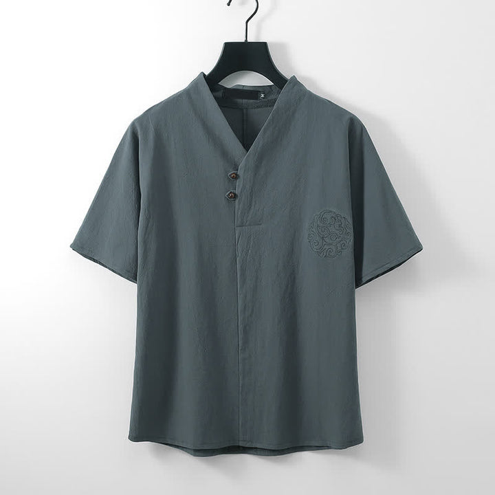 Buddha Stones Ensemble 2 pièces style Tang décontracté, broderie, en coton et lin uni, manches courtes, short, vêtement de méditation pour homme avec poche - image 1