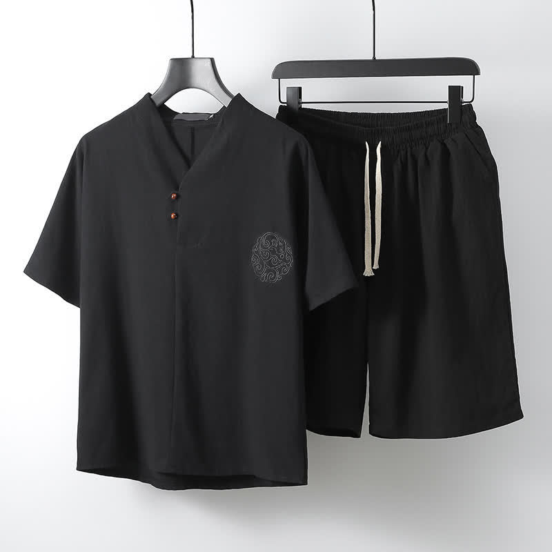 Buddha Stones Ensemble 2 pièces style Tang décontracté, broderie, en coton et lin uni, manches courtes, short, vêtement de méditation pour homme avec poche - Noir - US/UK/AU54, EU64 (9XL) - image 3