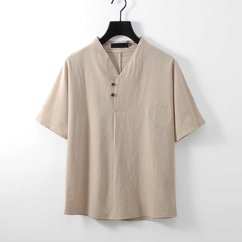 Buddha Stones Ensemble 2 pièces style Tang décontracté, broderie, en coton et lin uni, manches courtes, short, vêtement de méditation pour homme avec poche - image 10