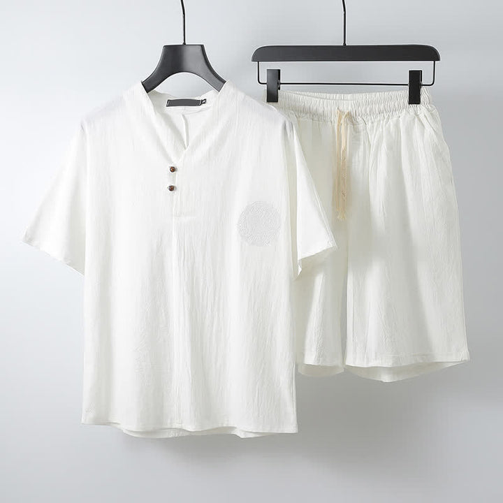 Buddha Stones Ensemble 2 pièces style Tang décontracté, broderie, en coton et lin uni, manches courtes, short, vêtement de méditation pour homme avec poche - Blanc - US/UK/AU54, EU64 (9XL) - image 12