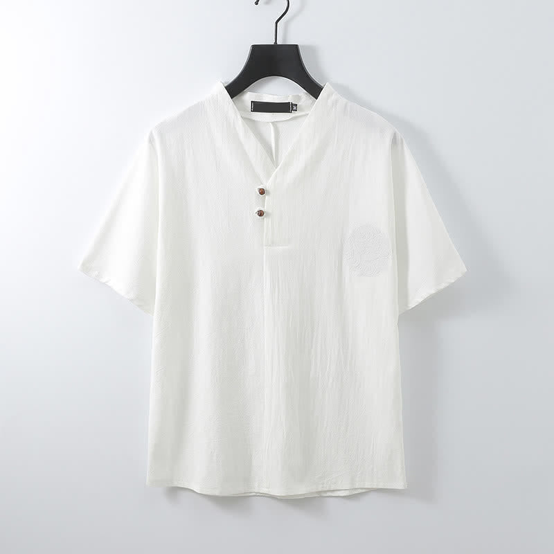 Buddha Stones Ensemble 2 pièces style Tang décontracté, broderie, en coton et lin uni, manches courtes, short, vêtement de méditation pour homme avec poche - image 13
