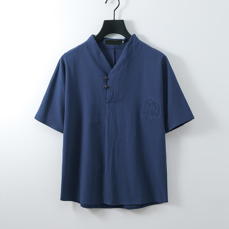 Buddha Stones Ensemble 2 pièces style Tang décontracté, broderie, en coton et lin uni, manches courtes, short, vêtement de méditation pour homme avec poche - image 7