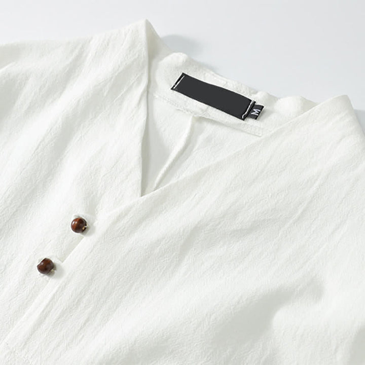 Buddha Stones Ensemble 2 pièces style Tang décontracté, broderie, en coton et lin uni, manches courtes, short, vêtement de méditation pour homme avec poche - image 17