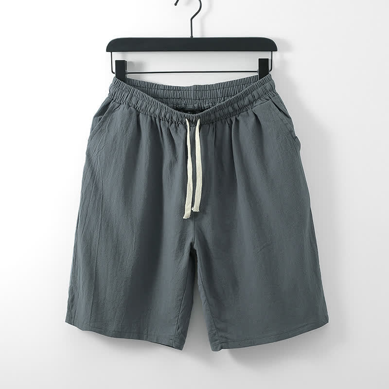 Buddha Stones Ensemble 2 pièces style Tang décontracté, broderie, en coton et lin uni, manches courtes, short, vêtement de méditation pour homme avec poche - image 2
