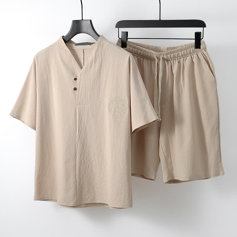 Buddha Stones Ensemble 2 pièces style Tang décontracté, broderie, en coton et lin uni, manches courtes, short, vêtement de méditation pour homme avec poche - Beige - US/UK/AU54, EU64 (9XL) - image 9