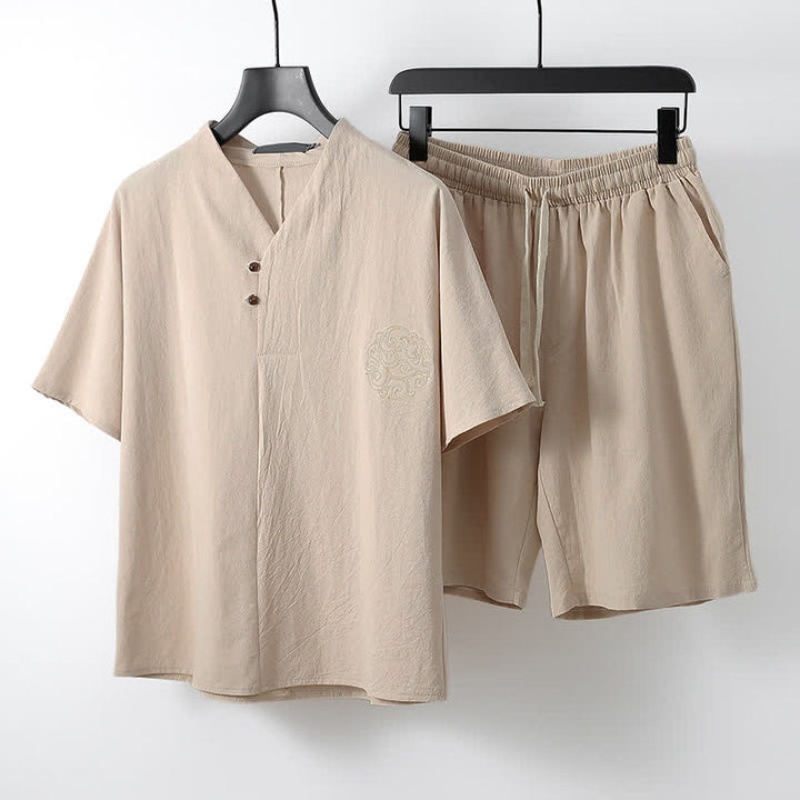 Buddha Stones Ensemble 2 pièces style Tang décontracté, broderie, en coton et lin uni, manches courtes, short, vêtement de méditation pour homme avec poche - Beige - US/UK/AU54, EU64 (9XL) - image 9
